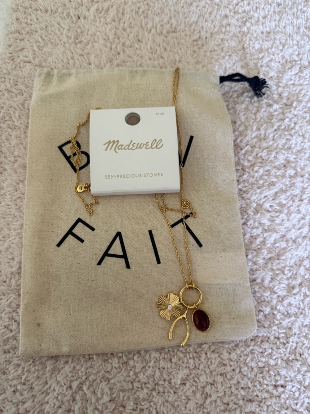 Madewell Gold Floral Charm Necklace with Deep Red Stone